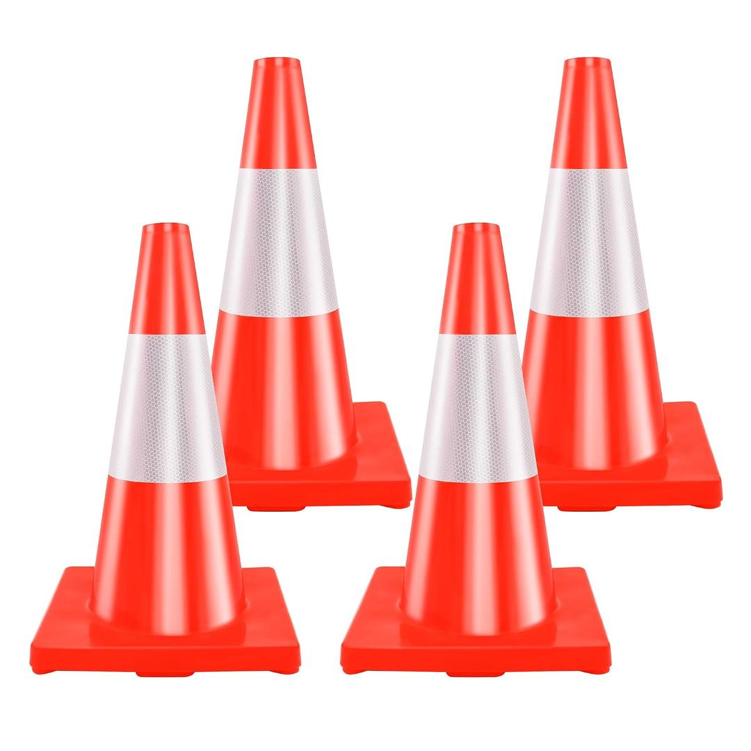 RELIANCER 4 Pack 18" Traffic Cones,Weighted Parking Cones,Orange Road Safety Cone w/ 4" Reflective Collars,Heavy Duty Construction Cone for Traffic Control,Crowd Control,Driving Training,Parking Lot