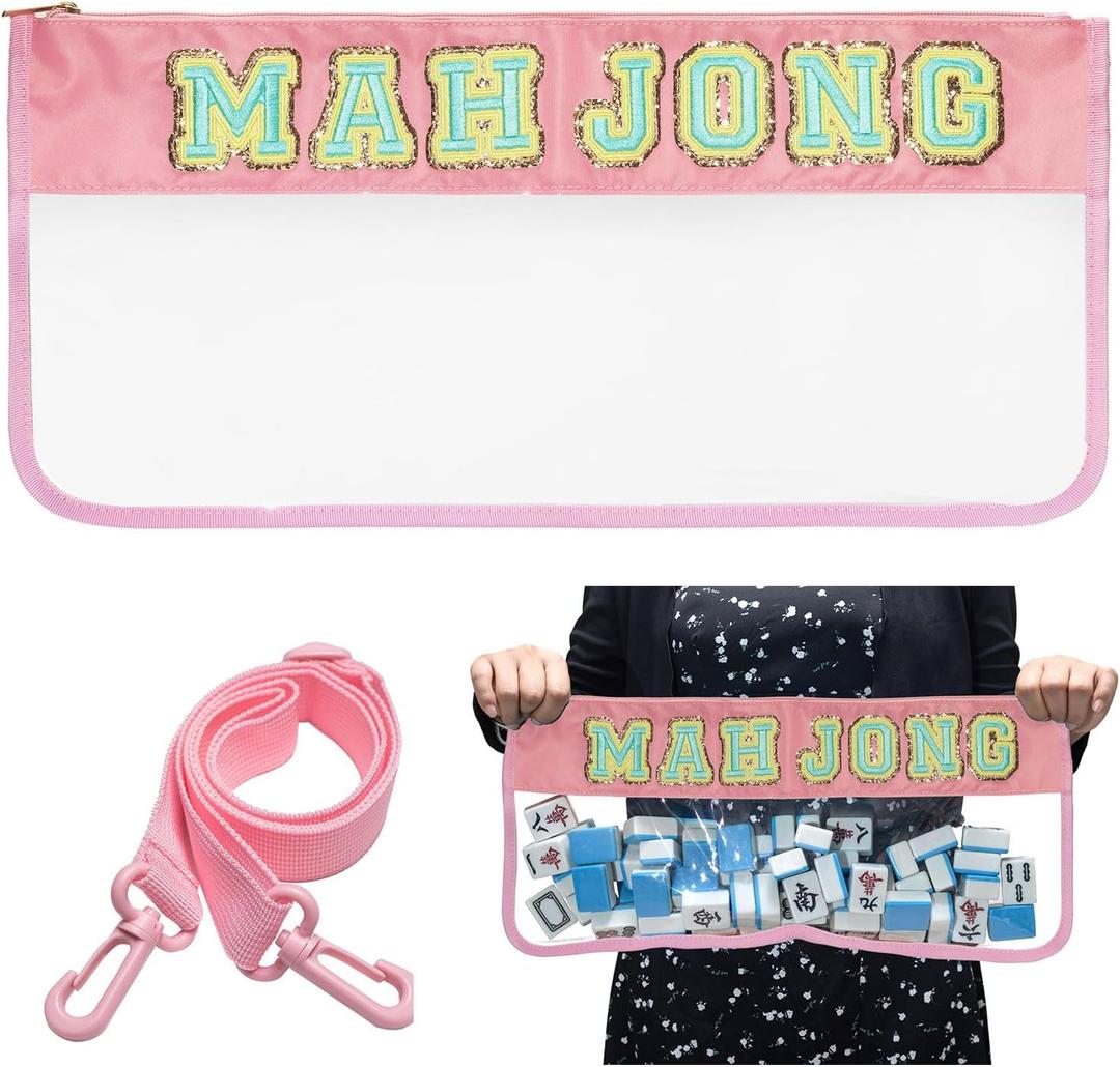 Mahjong Bag -Clear Waterproof Mahjong Tiles Bag with Shoulder Strap Zippered & Letters, Case Only (Pink)