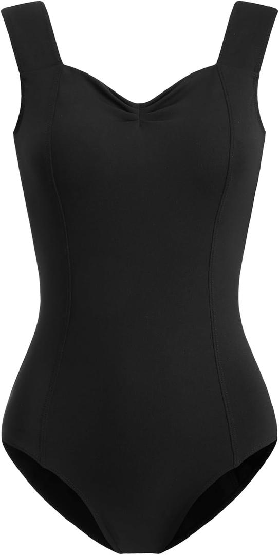 HROYL Women's Wide Strap Ballet Leotards, Tank Leotard with Princess Neckline Dance Bodysuit Top for Gymnastics Performance (X-Large, Black)