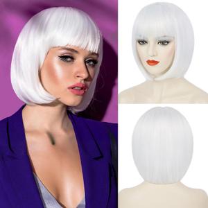 White Bob Wig with Bangs Short Straight Bob Wigs for Women Heat Resistant Synthetic Bangs Wig for Daily Party Cosplay Use (12 Inch)
