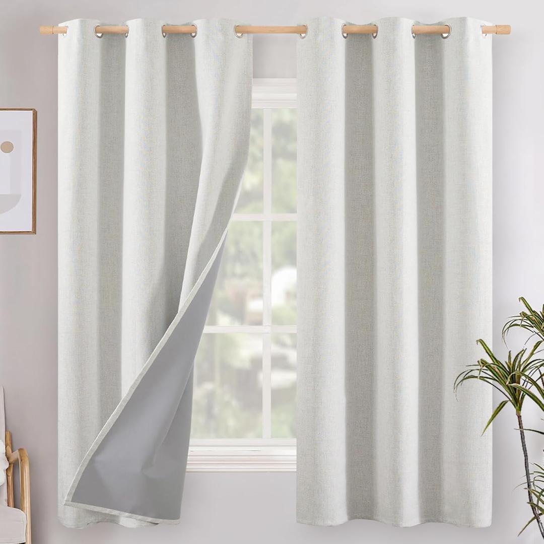 YoungsTex Ivory Linen Blackout Curtains 63 Inch Length for Bedroom, Thermal Insulated Drapes with Grommet Energy Saving Rustic Room Darkening for Living Room Window, 2 Panels, 42 X 63 Inch