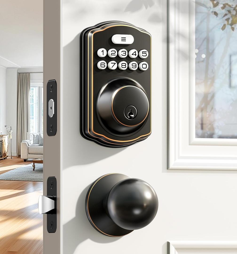 Veise Keyless Entry Door Lock with 2 Knobs, Electronic Backlit Keypad Deadbolt with Handle Set, Auto Lock, One-time Codes, Smart Deadbolt for Front Door, Easy Installation, Oil-Rubbed Bronze Veise Keyless Entry Door Lock with 2 Knobs, Electronic Backlit Keypad Deadbolt with Handle Set, Auto Lock, One-time Codes, Smart Deadbolt for Front Door, Easy Installation, Oil-Rubbed Bronze