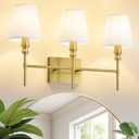 Bathroom Light Fixtures,23.6 IN Bathroom Vanity Lights Over Mirror3-Light Antique Brass Vintage Wall Sconce With Flared White Fabric Lampshade For Bedroom,Living Room,Foyer,Hardwired,E12 Base