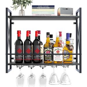 Dokser Wine Rack Wall Mounted 2 Tier Shelf, Wall Wine Rack with Rustic Wood & Industrial Iron Frame, Wine Bottle Holder for Kitchen, Dining Room, Home Bar Decor (Black) (Short)