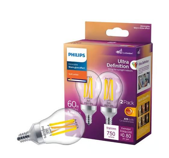 Philips Ultra Definition A15 E12 (Candelabra) LED Bulb Soft White 60 Watt Equivalence 2 pk