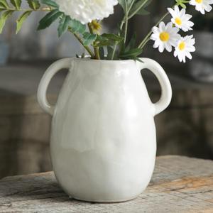 White Ceramic Vase with 2 Handles, Modern Farmhouse Decor, Rustic Terracotta Pottery, Decorative Flower Vases, Clay Small Vase, Centerpiece for Dining Table - 7 Inch Tall