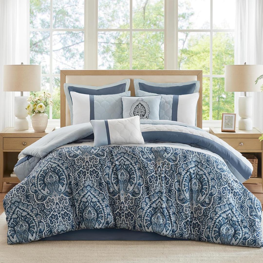 510 DESIGN Luxe Quilted Comforter Set Modern Transitional Design, All Season Down Alternative Warm Bedding Matching Shams, Bedskirt, Decorative Pillow, King, Shawnee Scrollwork Blue