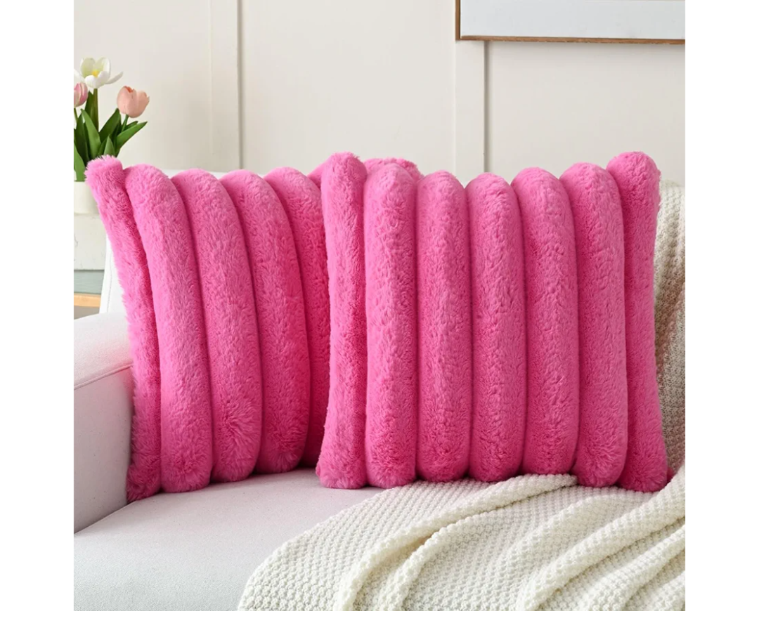 FUTEI Valentine's Day Hot Pink Decorative Throw Pillow Covers 20x20 Inch Set of 2, Square Soft Faux Rabbit Fur Thick Striped Cushion Cover,Winter Home Decor for Couch Bed Living Room