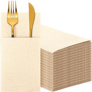 Cindeer 150 Pcs Champagne Linen Dinner Feel Napkins with Built in Flatware Pocket Prefolded Paper Disposable Airlaid Guest Hand Towel for Silverware Wedding Reception Christmas Baby Shower