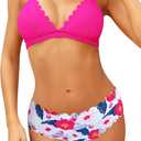 SHEKINI Women's Scalloped Bathing Suit Triangle Bikini Halter Sexy Floral Two Piece Swimsuits (Large, Bright Pink)