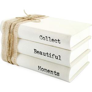 AuldHome Design Faux Book Stack: Collect Beautiful Moments Decorative Book Set w/Burlap Ribbon Wrap