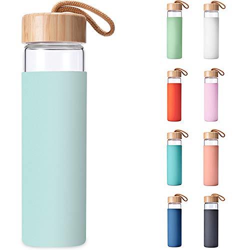 Yomious 20 Oz Borosilicate Glass Water Bottles with Silicone Sleeve BPA Free, Dishwasher Safe - Reusable Clear Glass Drinking with Leak Proof Bamboo Lid | Perfect Gym Water Bottles for Men & Women