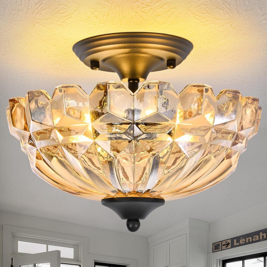 Dalouguan Semi Flush Mount Ceiling Light, 3-Light Kitchen Ceiling Lighting Fixtures with Amber Glass Lampshade, Gold Modern Chandelier for Living Room Bedroom Hallway