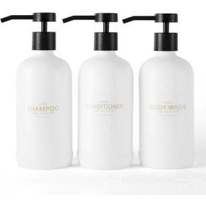 Shampoo and Conditioner Dispenser Set of 3,Refillable 21oz Shampoo Bottles with Non-Slip Protective Silicone Pad,Shower Soap Dispenser with Waterproof Labels for Bathroom (White)
