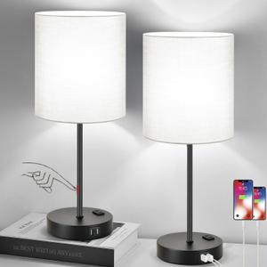 Lynnoland Set of 2 Touch Control Table Lamps with 2 USB & AC Outlet, 3-Way Dimmable Bedside Nightstand Lamps for Bedroom Living Room Nursery, 800 Lumens 5000K Daylight Bulbs Included