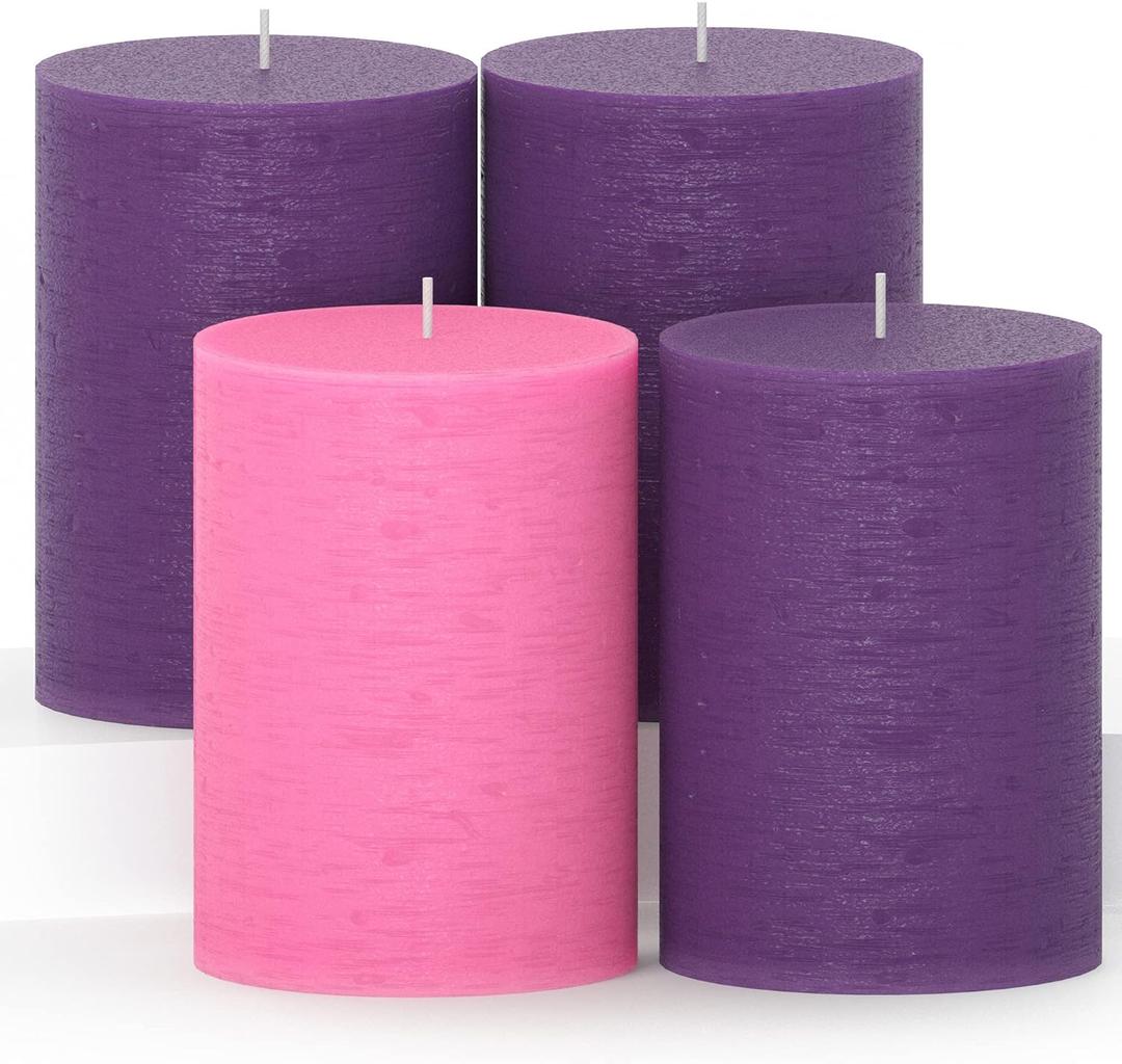 CANDWAX 3x4 Inch Advent Pillar Candles Set of 4 - Long Burning Dripless Unscented Pillar Candles - Rustic Style for Advent Wreaths, Christmas Dcor - 3 Purple and 1 Pink Pillars