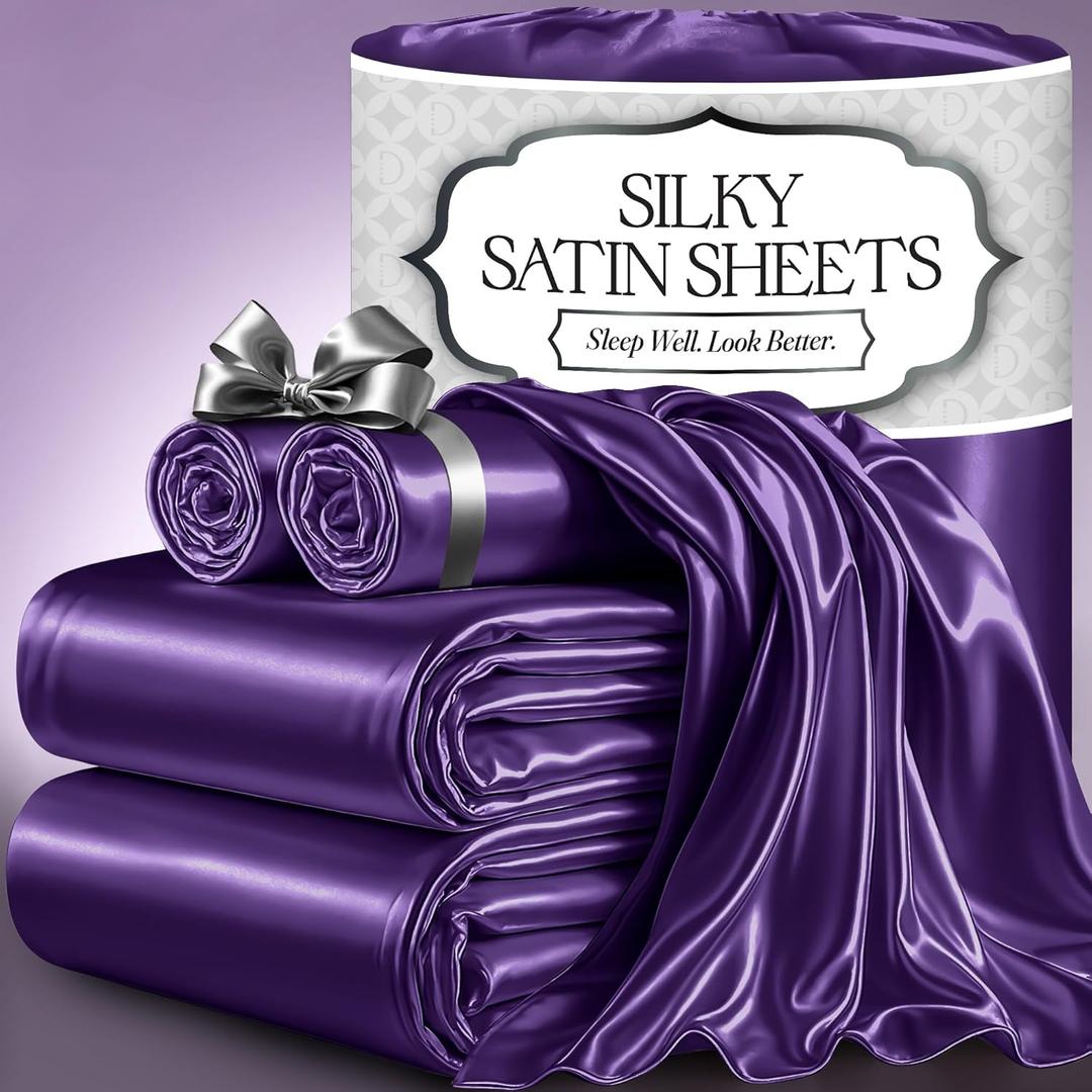 DECOLURE Satin Bed Sheets - 4 Piece Luxury Silky King Size Bedding Set - Softer Than Silk, Wrinkle-Free with 15” Deep Pocket Fitted Sheet, Perfect for Hair & Skin, Gifts for Women (Striped Purple)