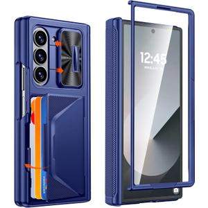 CENMASO for Samsung Galaxy Z Fold 6 Case with Wallet Card Holder & Slide Camera Cover & Hinge Protection & Screen Protector [RFID Blocking] Full-Body Shockproof Protection Case for Z Fold 6-Blue