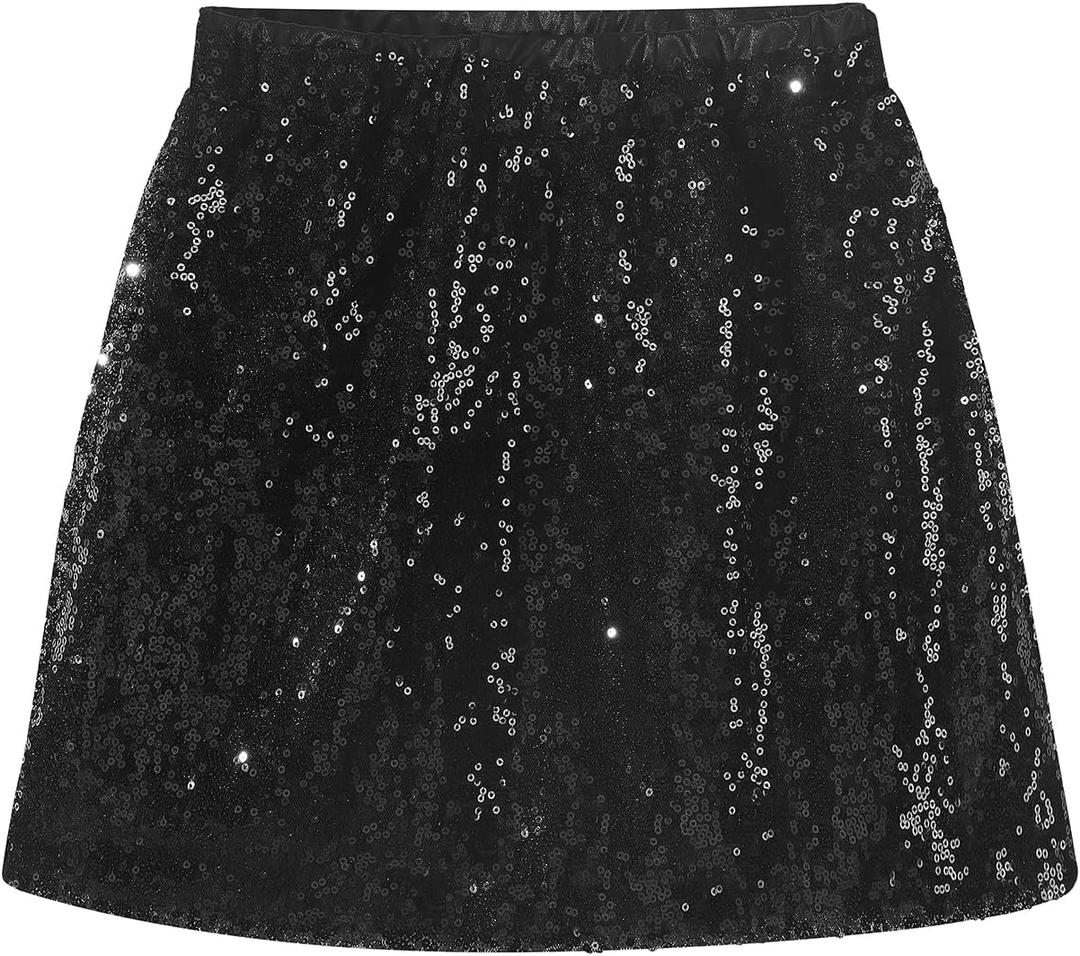 Noomelfish Girls Sparkly Sequin Skirt Kids Elastic Waist Mini Pencil Skirts, Black, Size 11-12 Years