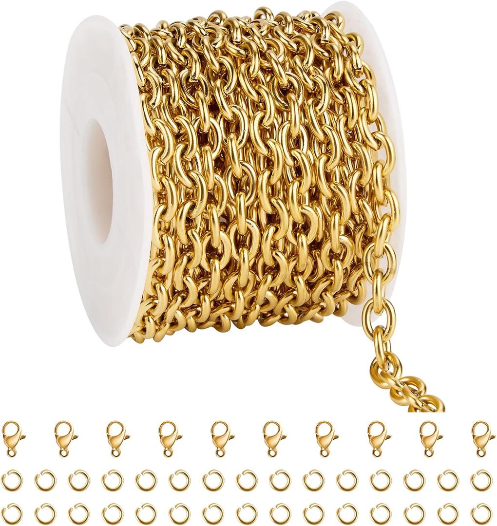 YOUBEIYEE 5 Meters Gold Plated Stainless Steel Chain on Spool Unwelded Cross Link Chain with Jump Rings and Lobster Clasps (1.6x6x8mm)