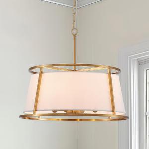Shrine Lighting Drum Chandeliers, Modern Style, Perfect Pendant Light Fixture for Dining Room, Living Room, D20'' x H9'', Adjustable Chains 59'', E12*4 Sockets, White Lampshade & Brass Finish Frame (Brass D19.7'')