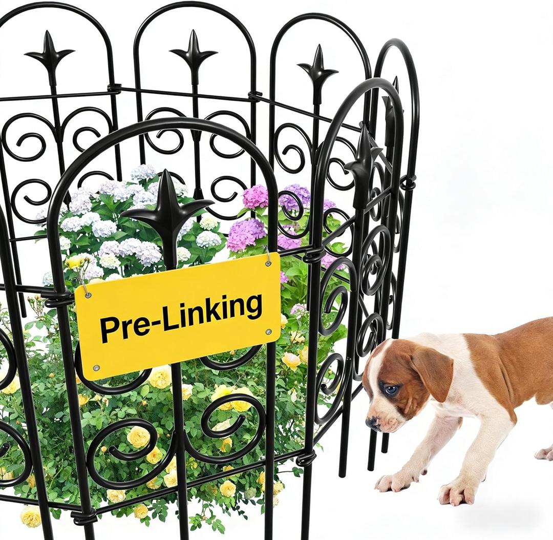 AMAGABELI 8 Panels 32in(H)10ft(L) Decorative Garden Fence No Dig Rustproof Metal Pre-Linking Fence Panels Garden Edging Border Animal Barrier Fencing for Flower Beds Yard Patio Outdoor Decor Black