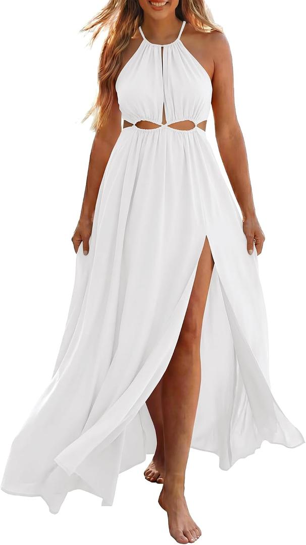 BTFBM Women Halter Summer Dresses 2026 Sleeveless Cutout Backless Sundress Slit Boho Maxi Beach Wedding Guest Dress (L)