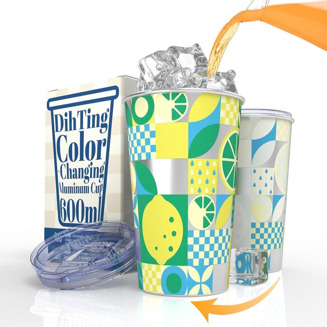 Summer Pool Party Favors, 21oz Color Changing Aluminum Cup with Lid, Reusable Tumbler Iced Coffee & Smoothie Cup with Lid for Kids Boys Girls Gift Beach Birthday Party Favors, Lemon Pattern (Yellow)