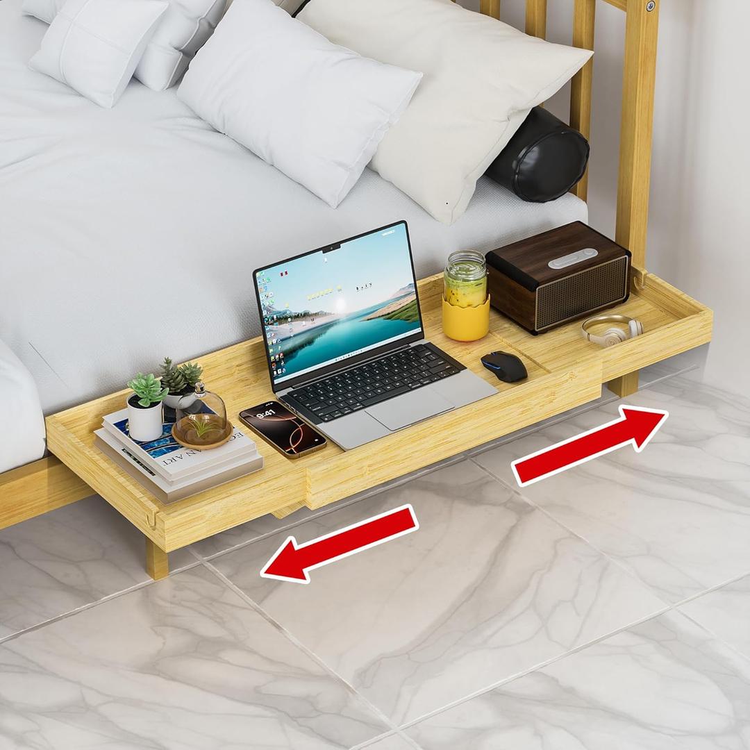 MinBoo Expandable Nightstand Shelf Bamboo College Caddy for Top Bunk Clip Bedside Shelf Floating Bed Side Table Tray Storage Dorm Room Decor College (Yellow)