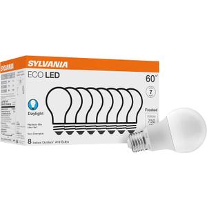 Sylvania ECO LED A19 Light Bulb, 60W Equivalent, Efficient 9W, 7 Year, 750 Lumens, Non-Dimmable, Frosted, 5000K, Daylight - 8 Pack (40883)