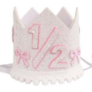 Pink Bow 1/2 Birthday Crown, 6 Months Decorations for Baby Girls, Little Princess Crown for Cake Smash, Bow Themed Half Birthday Hat Photo Props, 1/2 Way To One Decoration