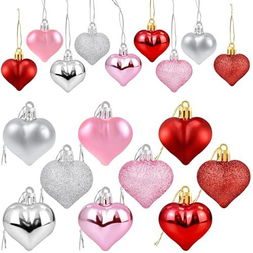 36Pcs Valentines Heart Shaped Ornaments - Valentines Heart Decorations - Red Pink Silver Glitter Heart Shaped Baubles - Romantic Christmas Valentines Tree Hanging Decorations