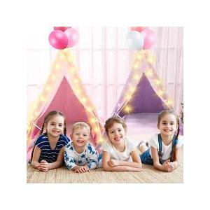 Teepee Tent for Kids with Inflatable Airbed, String Lights, Balloons, Pump, Washable Slumber Party Tent Indoor Outdoor for Girls Boys, Children Tipi Playhouse for Playtime and Sleepover (6 Pack, Multicolor)