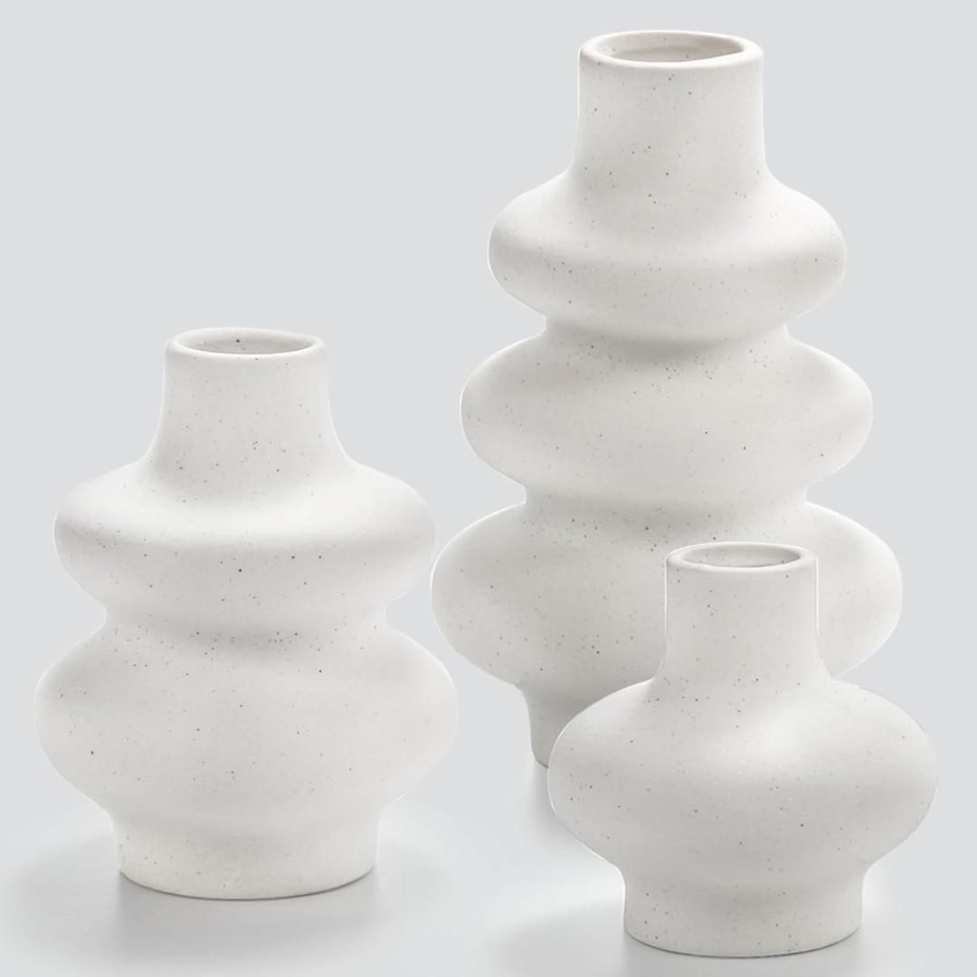 Goaste 3 Pack White Ceramic Vases, Modern Minimalist Bohemian Decor, Decorative Boho Dried Flower Vase, Round Matte Donut Pampas Grass Vase for Wedding Centerpieces Dinner Table Home Decoration