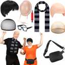 9 Pcs Halloween Criminal Couple Costume Accessories Include Short Mushroom Wig Inflatable Fake Belly Black Fanny Pack Square Glasses Gray Striped Scarf Bald Cap for Halloween Party Cosplay