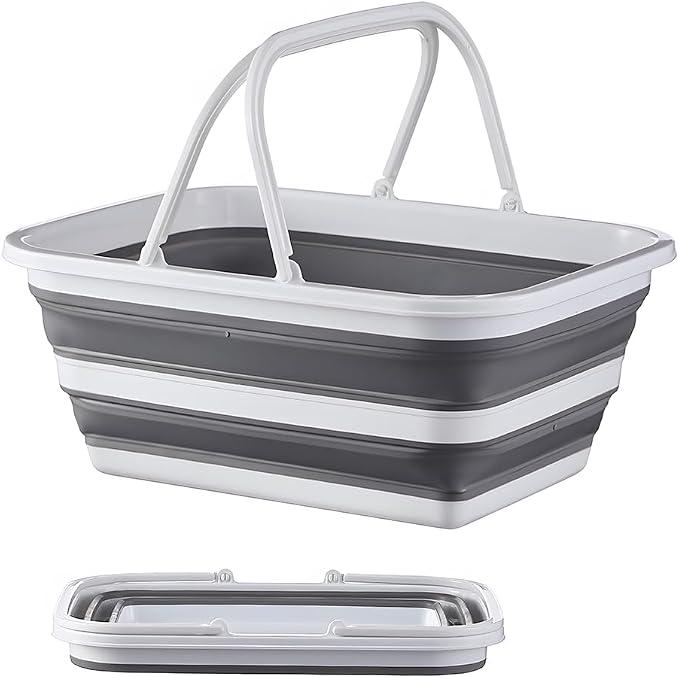 Monozuki Collapsible Sink 4.8Gal/18.1L, Heavy Duty Foldable Basin with Handles for Camping, Car Wash, Kitchen – Also Use as Storage Basket for Home, Garage, RV(Grey)