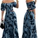 Women's Boho Off The Shoulder Short Sleeve Maxi Dresses Casual Summer Tiered Ruffle Swing Cut Out Flowy Dress, Size L