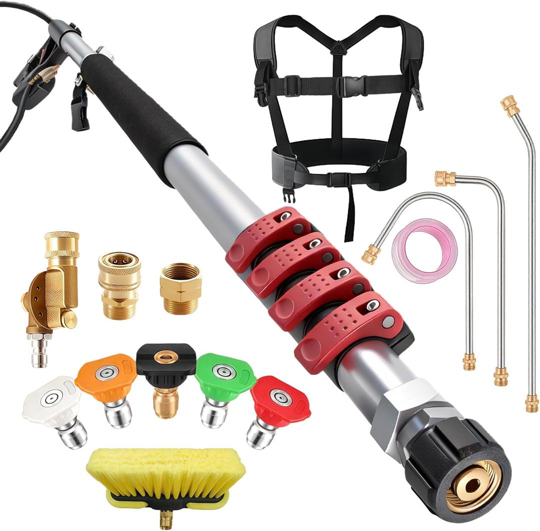 Gutter Cleaning Tools 24 FT Telescoping Pressure Washer 3 Extension Wands, Gutter Cleaner Attachment, Brush Head, 5 Spray Nozzle Tips, 3 Hose Adapters and Adjustable Support Belt