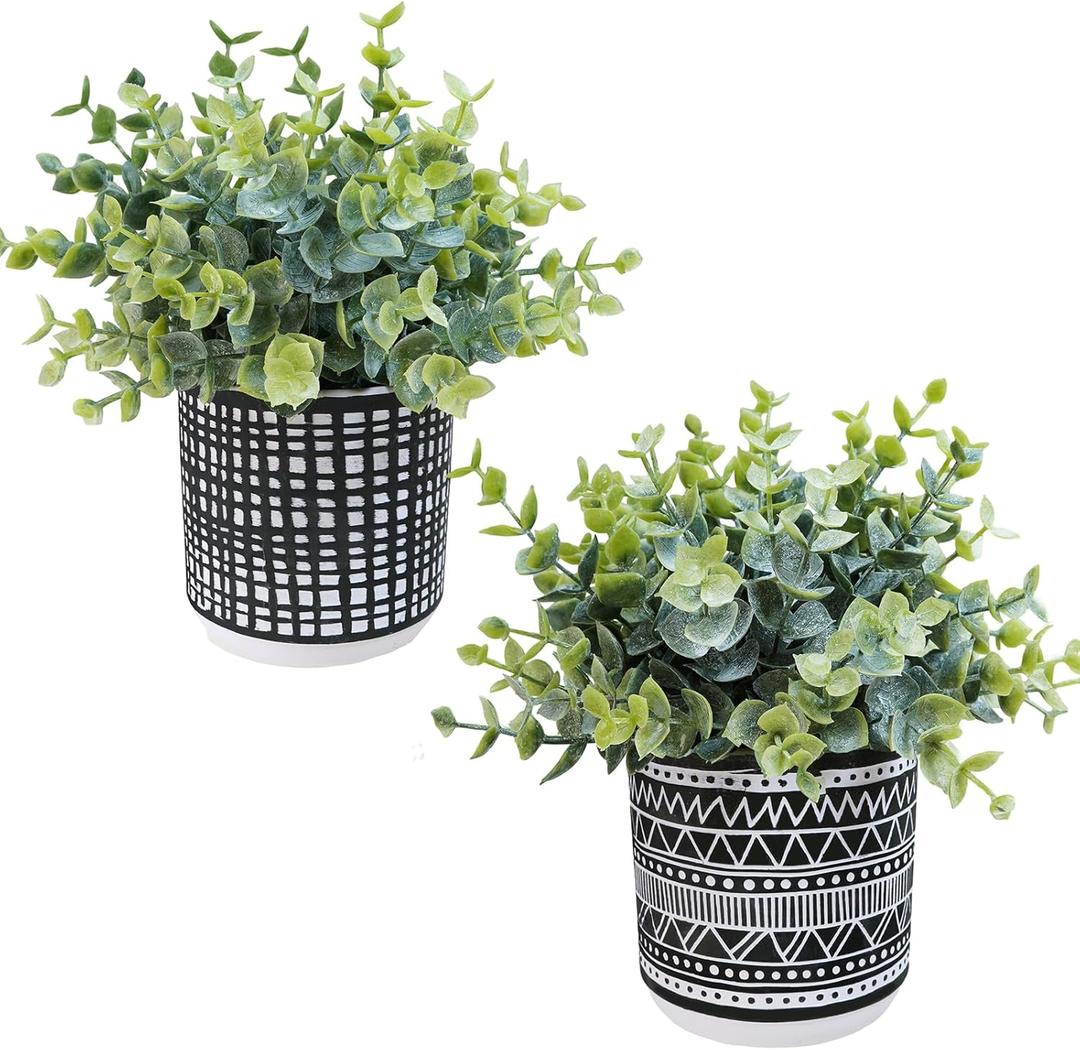 Winlyn Set of 2 Small Potted Plants Artificial Eucalyptus Plant in Black Geometric Ceramic Pots Faux Potted Greenery 7.1" Tall for Desktop Modern Home Office Living Room Kitchen Table Decorations