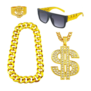 4 Pack 80s 90s Hip Hop Costumes Outfit, Fake Gold Chain Money Chain, Twist Leg Punk Sunglasses, Dollar Sign Finger Ring for Men Women Rapper Accessories