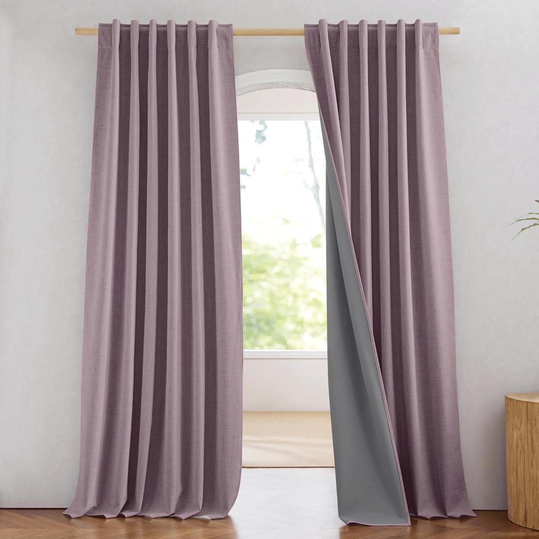 NICETOWN Chaise Mauve Vintage Linen 100% Blackout Curtains for Living Room, 52" Wide Per Panel, Set of 2, Thermal Insulated Curtains 90" Long, Noise Reducing Window Treatment Drapes for Home Cinema
