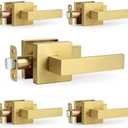 LOQRON Square Passage Gold Door Handles (No Lock and Key), Non-Locking Heavy-Duty Gold Door Handle for Bathroom and Interior Closet, Satin Brass, 5 Pack