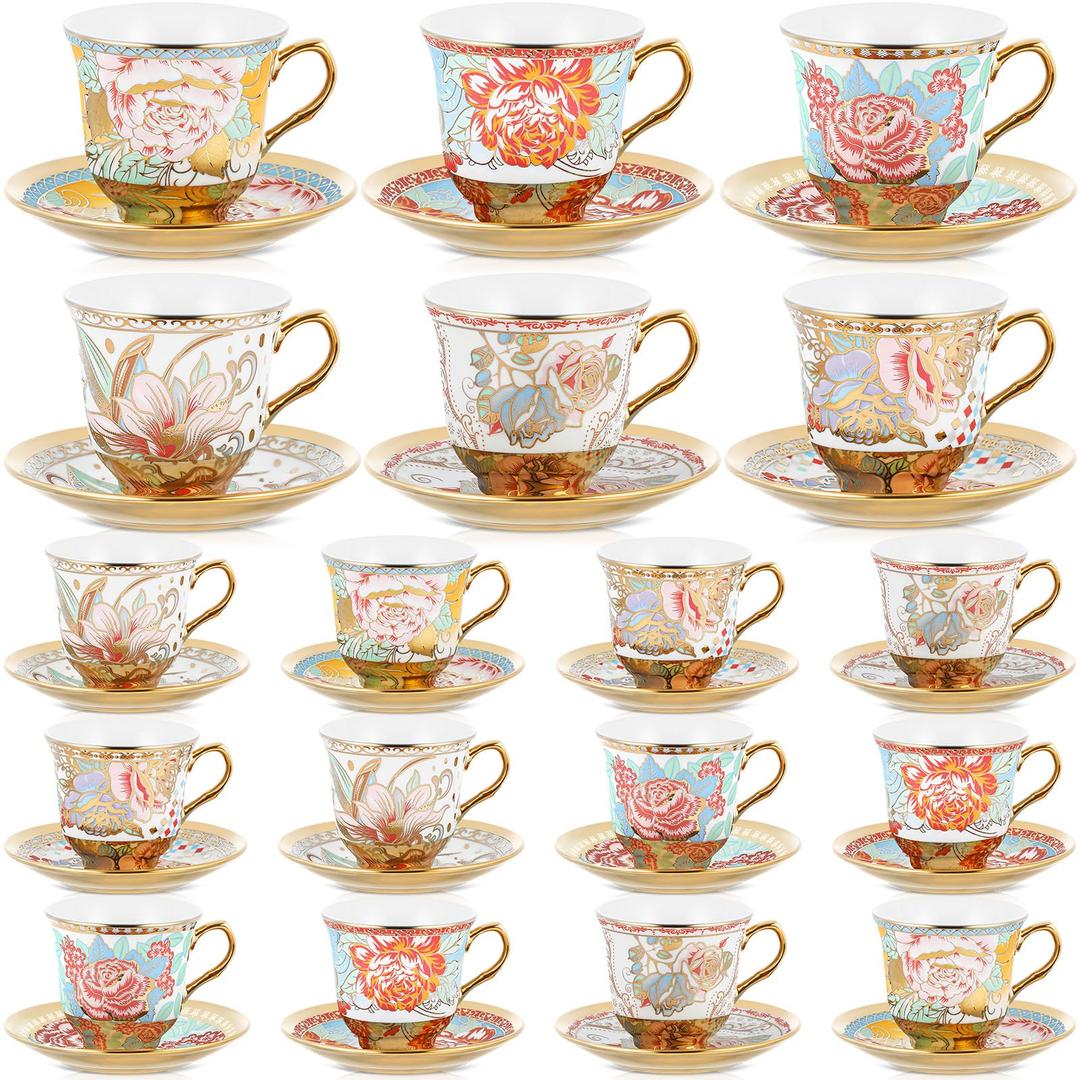 Teenyyou Set of 18 Tea Cups and Saucers Tea Party Decorations Floral Porcelain 5.4 oz British Gift for Women Birthday Party, Church, and Mother's Day (Vibrant Style)