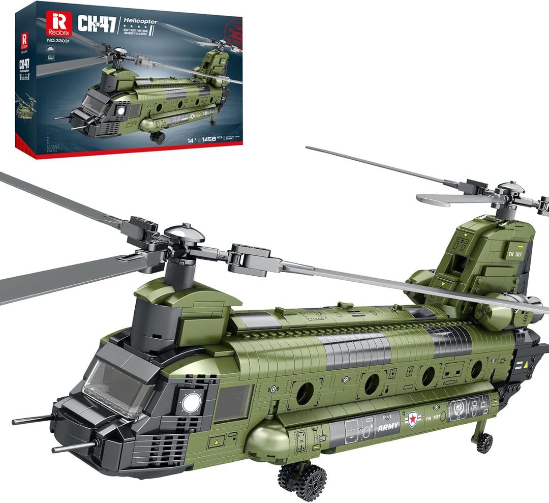 Reobrix CH47 Helicopter Building Set, Military Helicopter Toy Aircraft Model Kit, Home Office Display or Collectible, Ideal Airplane Toy Gifts for Adults Boys Kids 33031