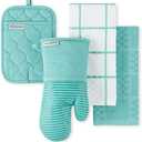 KITCHENAID Quilted Cotton Terry Cloth Oven Mitt, Pot Holder, Kitchen Towel 4-Pack Set, Heat Resistant, Silicone Grip, 16"x26", 7"x13" & 7"x10", Aqua Sky