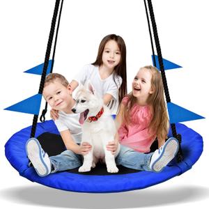 PACEARTH 40 Inch Saucer Tree Swing Flying 660lb Weight Capacity 2 Added Hanging Straps Adjustable Multi-Strand Ropes Colorful Safe and Durable Swing Seat for Children Adults - Blue