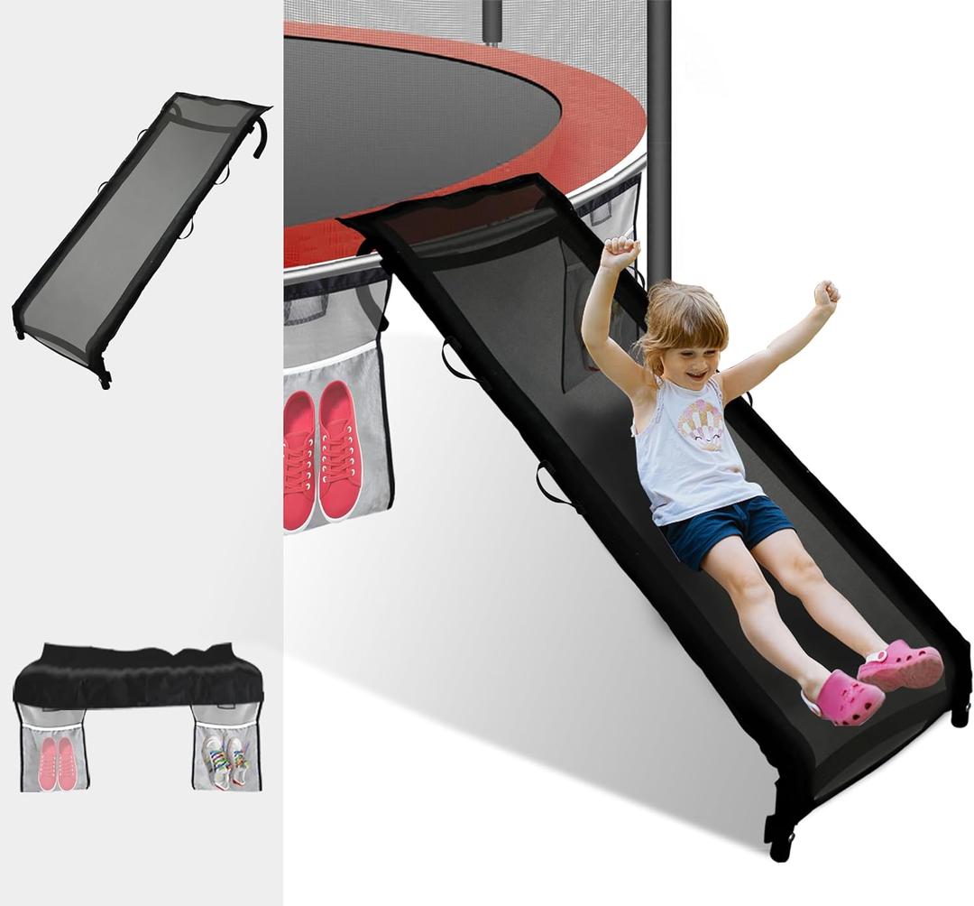 Eurmax USA Universal Easy-to-Assemble Trampoline Slide Ladder, Heavy Duty Steel Trampoline Accessory Slide for Kids Climb Up&Slide Down/Black with Shoes Pocket