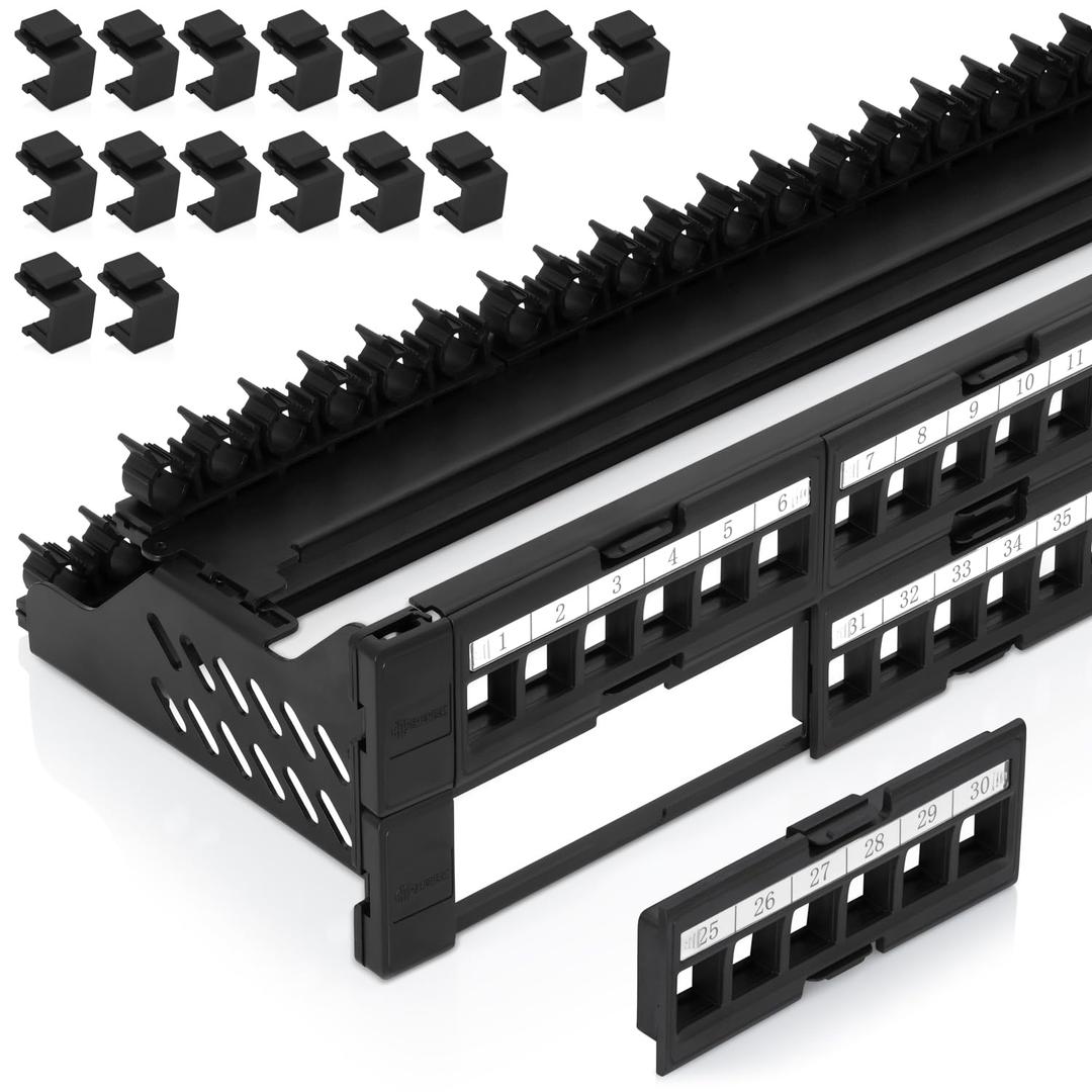 Everest 48 Port Keystone Patch Panel (4-Pack) - Removable 6-Port Panels - Use with Slim Profile Keystones ONLY (Wider Jacks May not fit Side by Side) - 16 Blank Keystone Jack Inserts Included