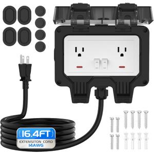 Outdoor Outlet Box with 16.4Ft Extension Cord, NEMA 5-15R, STW 14 AWG, IP66 Waterproof Power Outlet Extender with On/Off Switch & LED Indicator for Garden Yards& Outdoor Activity
