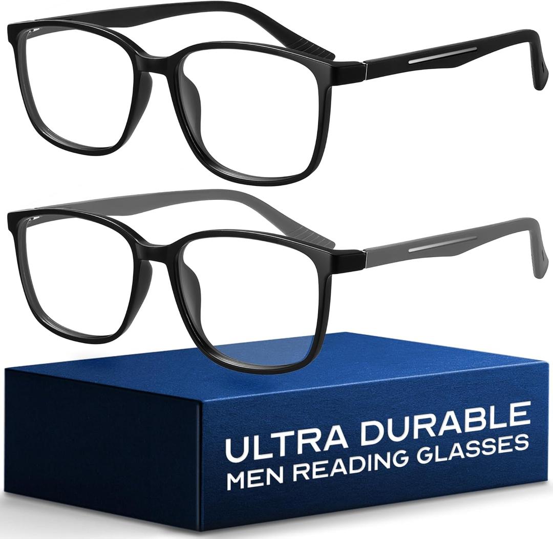 NOVIVON ActiveFit Reading Glasses for Men - Blue Light & UV Protective Readers with Bonus Case & Cloth (Black + Black With Grey Arms)